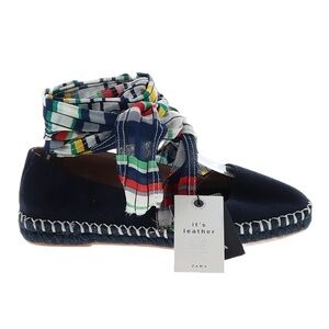 NWT Zara Black Leather Espadrilles with Striped Scarf